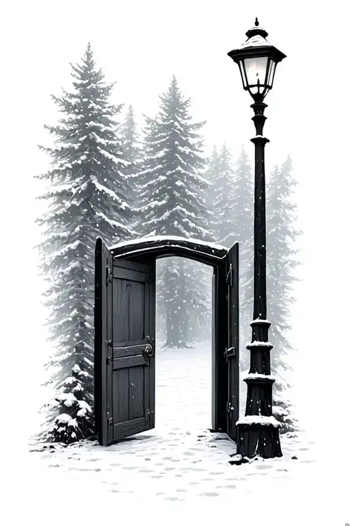 Narnia wardrobe looking through the doors at the snowy forest and the lamp post. tattoo design idea