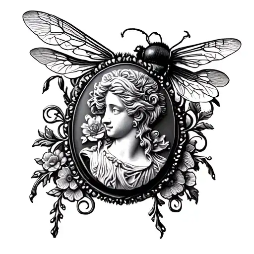 Filigree cameo with bee shoulder adornment tattoo design idea