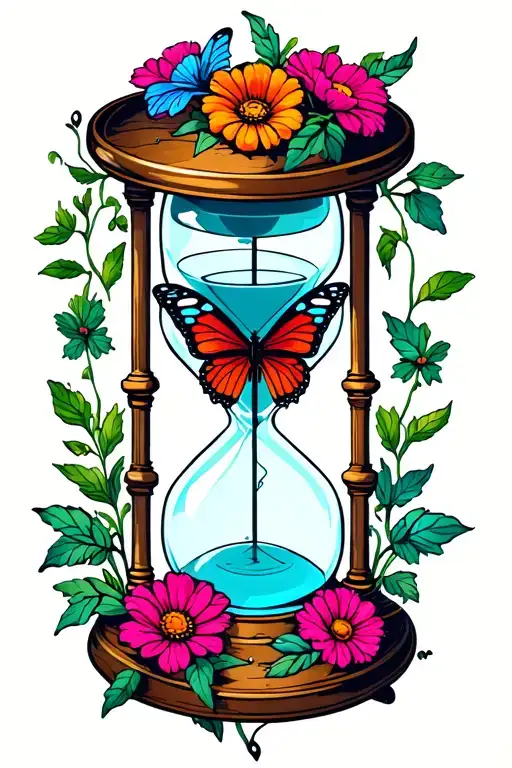 broken Hourglass with flowers and butterfly  tattoo design idea