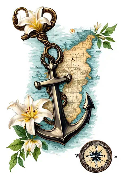nautical map with compass anchor and lily flowers tattoo design idea