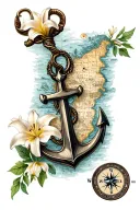 nautical map with compass anchor and lily flowers tattoo design idea