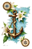 nautical map with compass anchor and lily flowers tattoo design idea