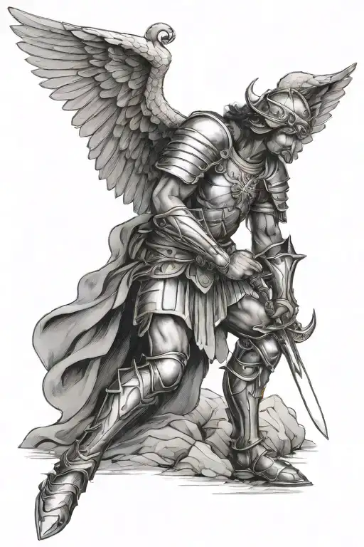 St Michael Kneeling down with armor and a sword tattoo design idea