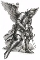 St Michael Kneeling down with armor and a sword tattoo design idea