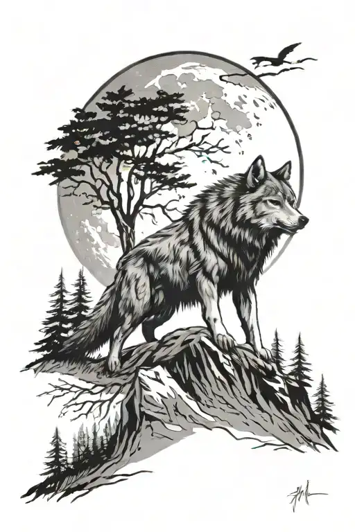 forest and werewolf howls at the moon on the mountain all hand tattoo design idea