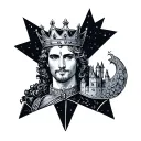 a prince wearing a crown with a medieval castle on the background underneath a stary skie in the frame of a star tattoo design idea