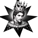 a prince wearing a crown with a medieval castle on the background underneath a stary skie in the frame of a star tattoo design idea