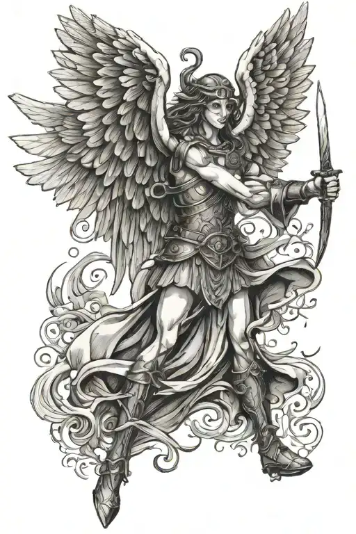 warrior angel with open wings figthing. That on top of the wing has written 2 corinthuans 3 : 11 tattoo design idea