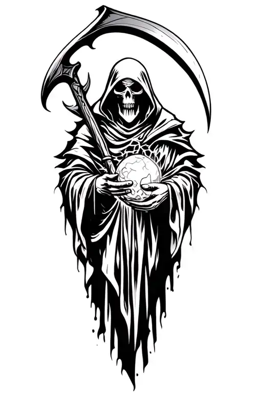 grim reaper with scythe holding the orb of souls tattoo design idea