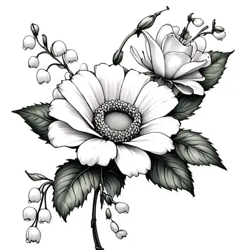 daisy lily of the valley rose and lark spur tattoo design idea