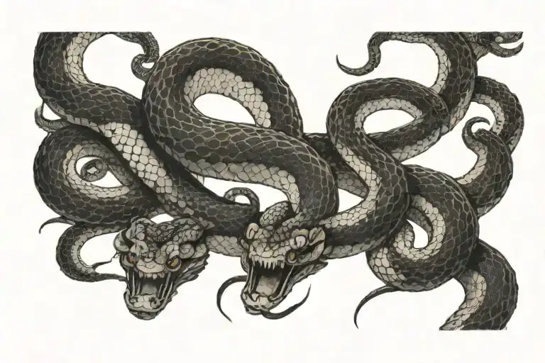 Black and white top of carpet snakes head face down normal real style at sternum with body in Japanese dragon style swir tattoo design idea