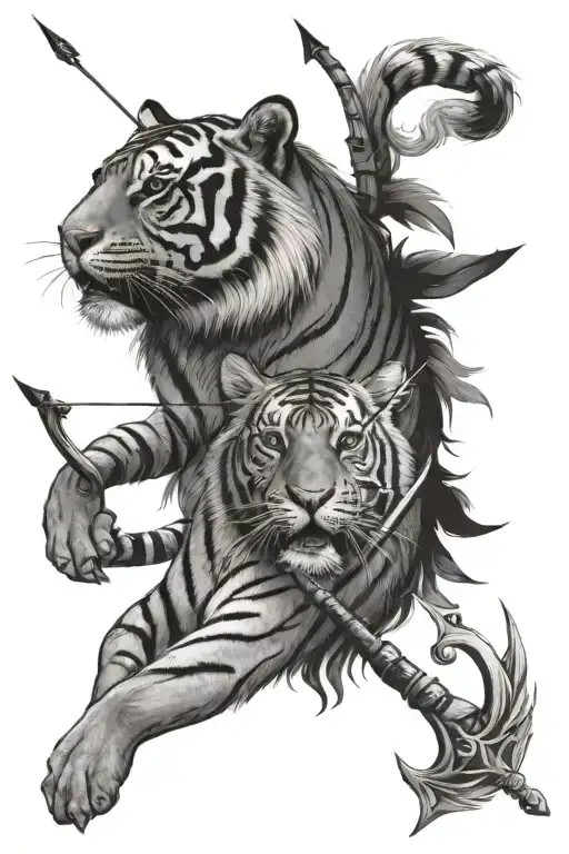 dharmasashta, arrow and bow, tiger, sarala devi (name), peace, nature tattoo design idea