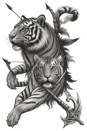 dharmasashta, arrow and bow, tiger, sarala devi (name), peace, nature tattoo design idea