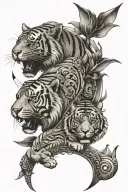 dharmasashta, arrow and bow, tiger, sarala devi (name), peace, nature tattoo design idea