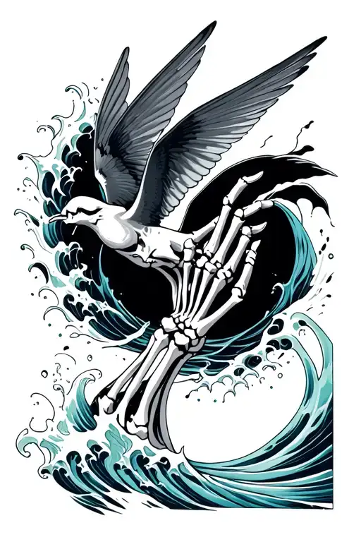 ocean wave splashing skeleton hand reaching for swallow tattoo design idea
