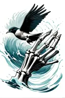 ocean wave splashing skeleton hand reaching for swallow tattoo design idea