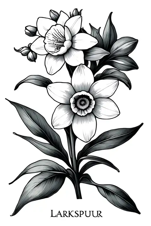 larkspur and narcissus flower with name tattoo design idea