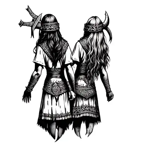 viking woman nordic facing backwards holding hands tattoo design idea