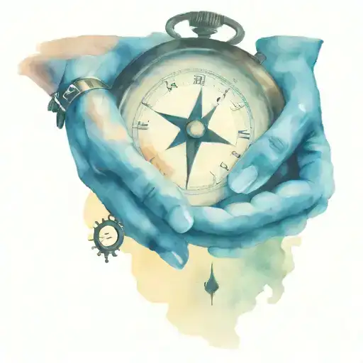 baby's hand holding father's hand, compass and antique clock tattoo design idea