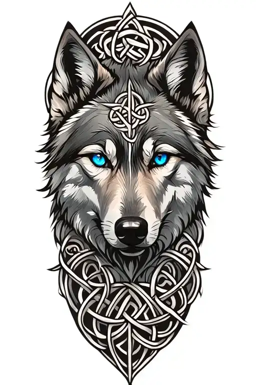 wolf with blue eyes featuring Celtic trinity knot  tattoo design idea