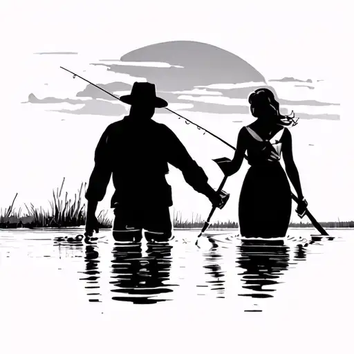 silhouette of man and woman holding hands walking into lake. man holding fishing pole and woman holding book tattoo design idea