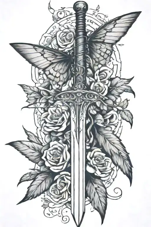 narsil sword from lord of the rings broken up by a centered deaths head hawk moth tattoo design idea