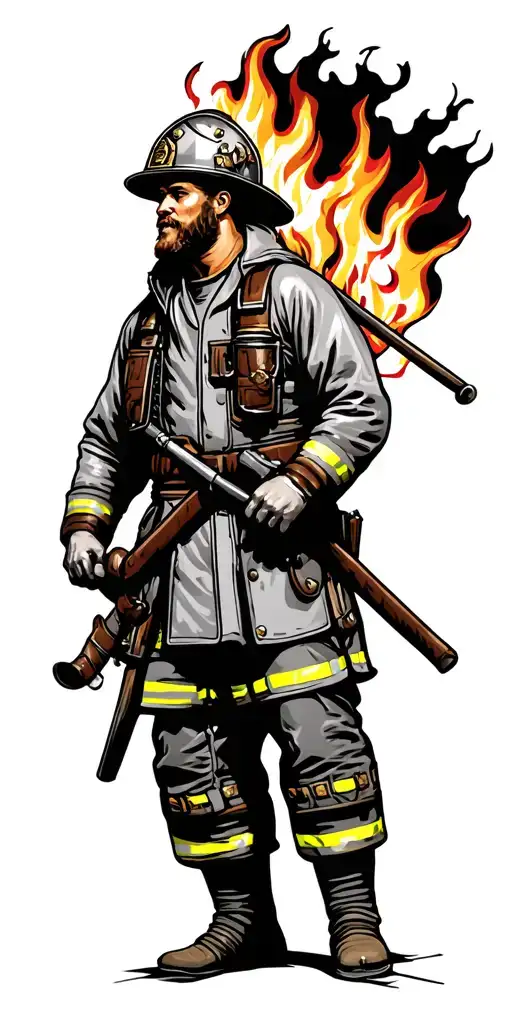 Saint Florian firefighter with burning house tattoo design idea
