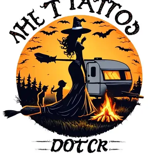 silhouette of busty sexy witch bride on broomstick over a campsite with a trailer and campfire with children & dog tattoo design idea