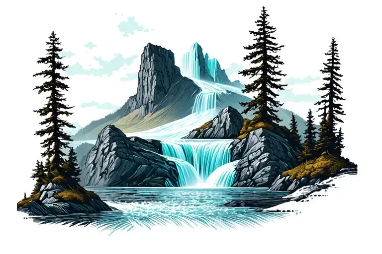 Tattoo design iiceberg, nature, moutain, river, waterfall, trees and geology, geomorphology. tattoo design idea