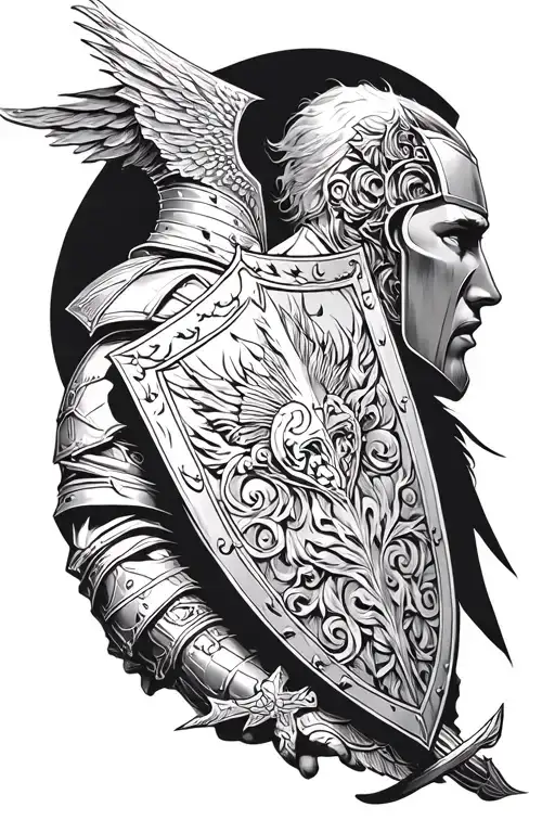 illustrative dark fantasy knight holding shield side profile tattoo design idea