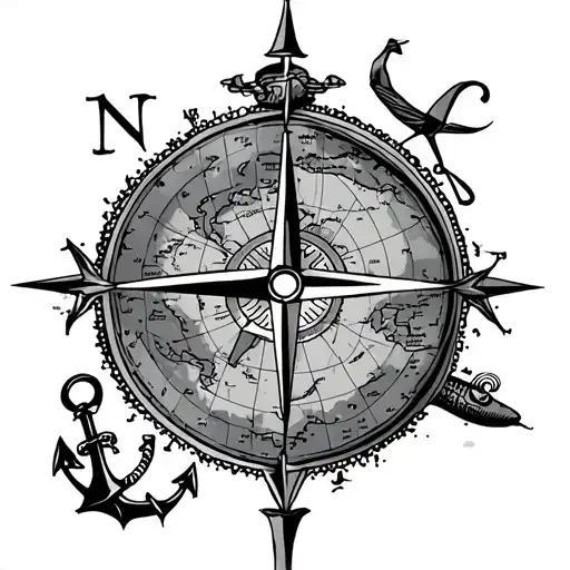 navy map with compass, submarine, sparrow and anchor  tattoo design idea