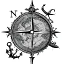 navy map with compass, submarine, sparrow and anchor  tattoo design idea