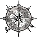 navy map with compass, submarine, sparrow and anchor  tattoo design idea