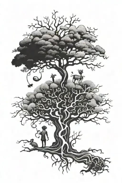 feminine African family tree with exaggerated roots, Capricorn zodiac sign  tattoo design idea
