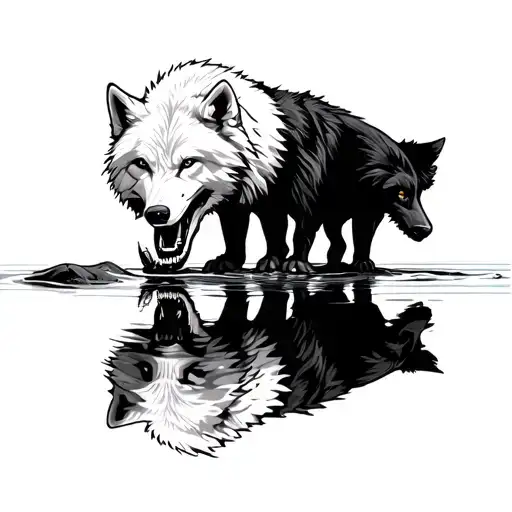 a white wolf drinking from a body of water, but the wolf's reflection is the other side, a black wolf growling tattoo design idea