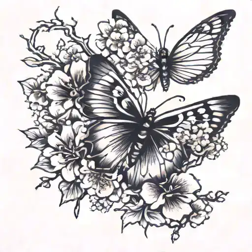 Thin butterfly and a cherry blossom tree growing tattoo design idea