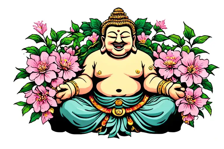 laughing budda with pink blossom flowers tattoo design idea
