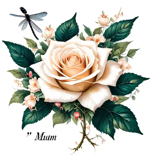"Mum" Japanese Dragonfly white rose tattoo design idea