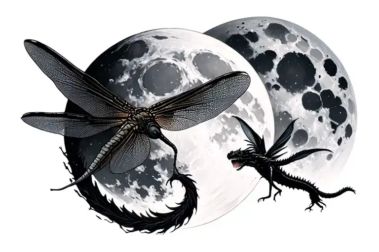 Waning gibbous and waxing gibbous with Grayson in the middle and a dragon fly with its tail wrapping around Grayson tattoo design idea