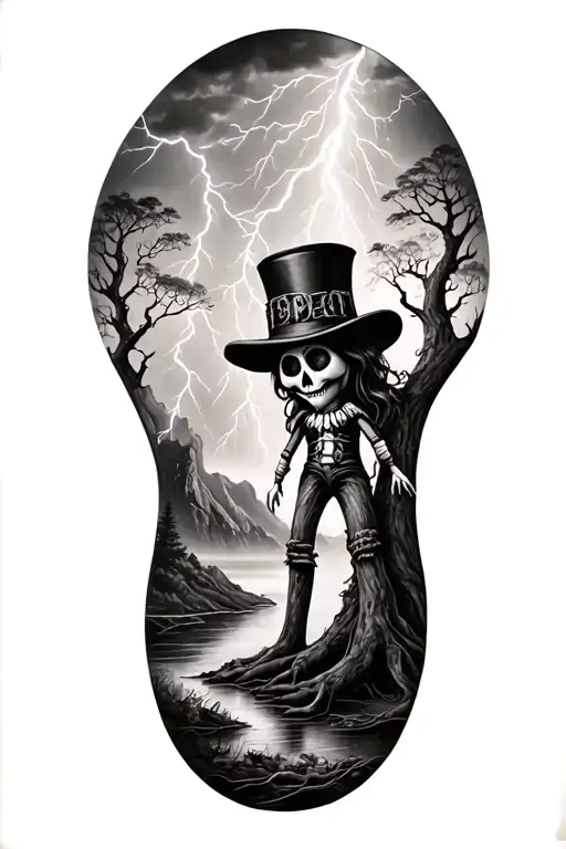 voodoo stitched doll with cylinder hat and lightining storm and fjord and nature, big tree tattoo design idea
