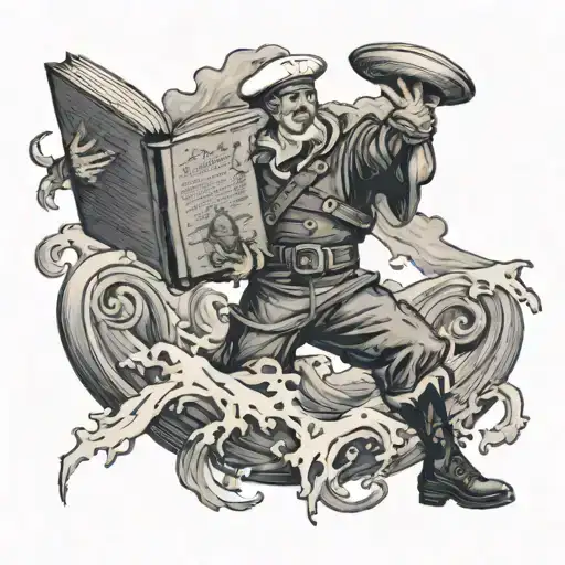 A sailor navigating through stormy waves while holding a book of recovery poems, symbolizing the client's journey towards healing and self-discovery tattoo design idea