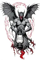Mothman protecting a lantern in his arms. black grey red tattoo design idea