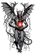 Mothman protecting a lantern in his arms. black grey red tattoo design idea