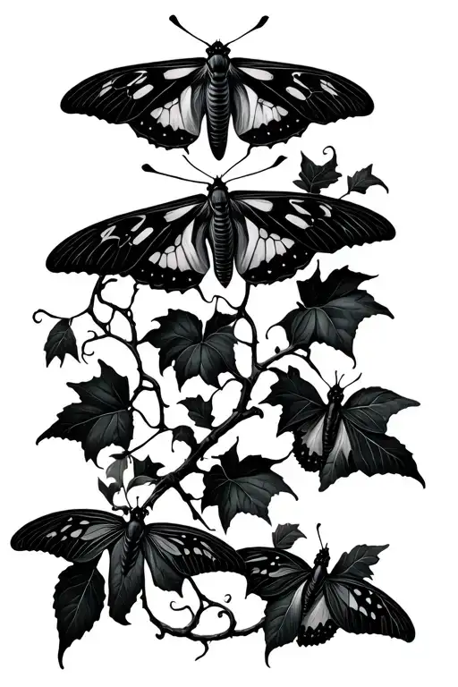 lunar moths on poison ivy vine blackout style tattoo design idea