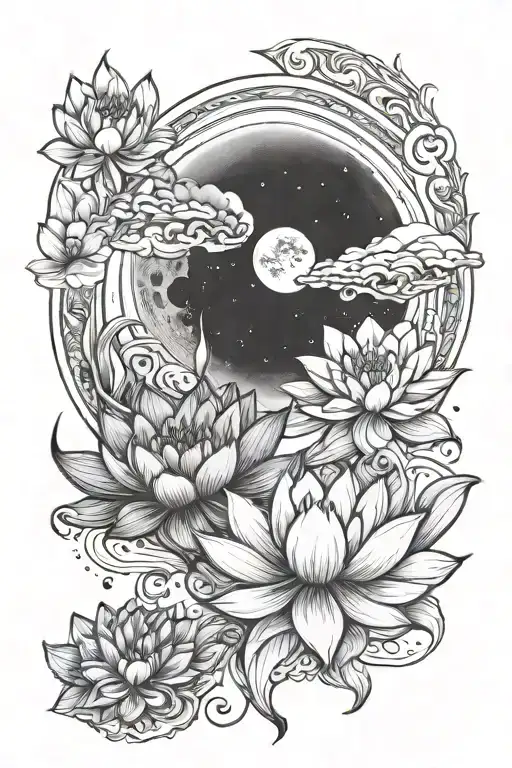phases of the moon, with a sun rising and lotus flower blooming tattoo design idea