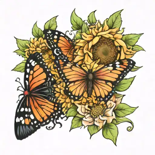 marigold and sunflower and zinnia flower with butterfly tattoo design idea