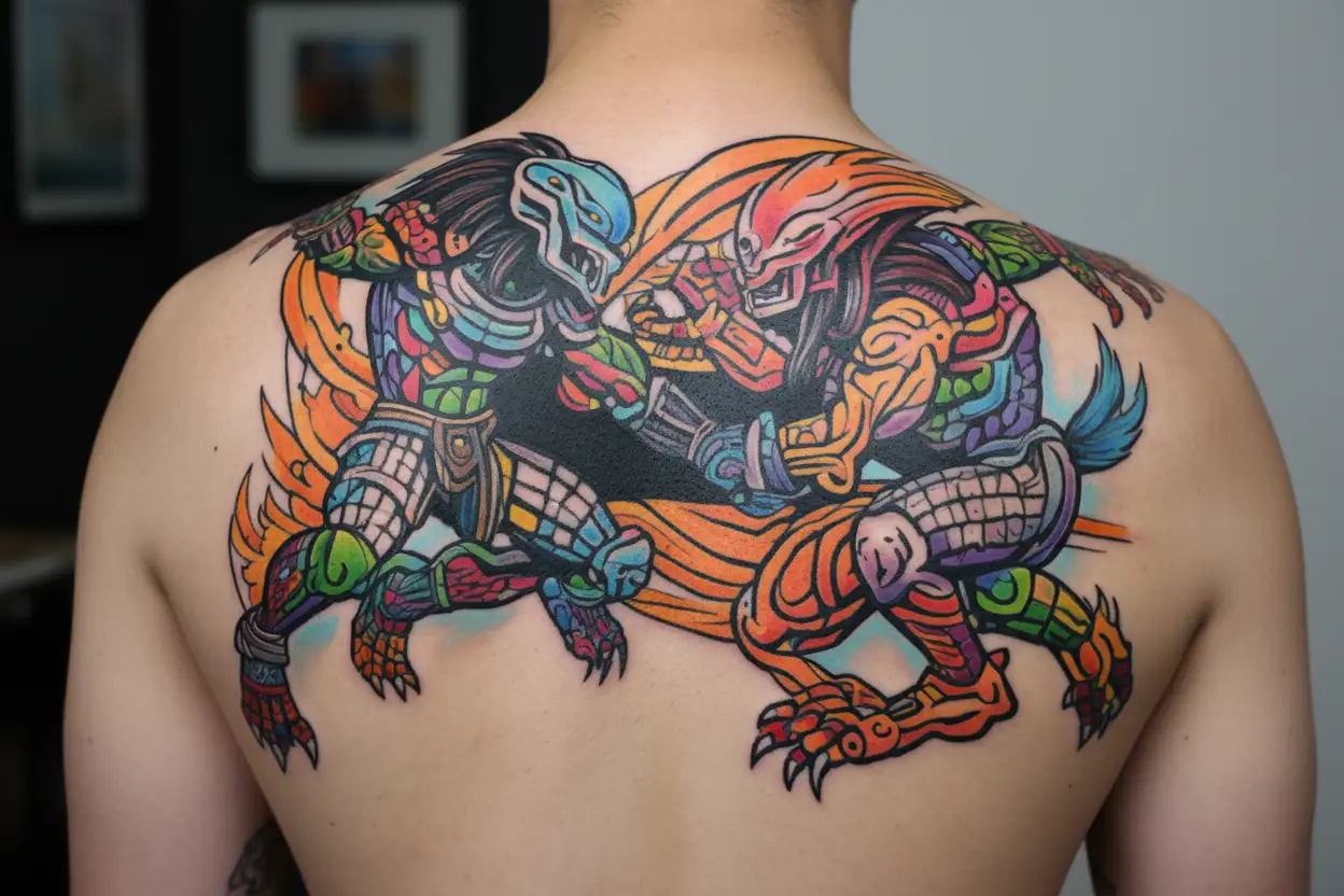 predator punching an alien in a mayan art style tattoo design idea
