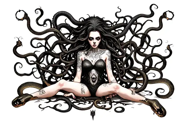 Medusa spreads legs, snakes on head, sexy tattoo design idea