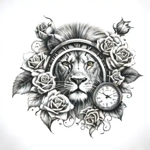 lion head with clock, eye and roses intertwined tattoo design idea