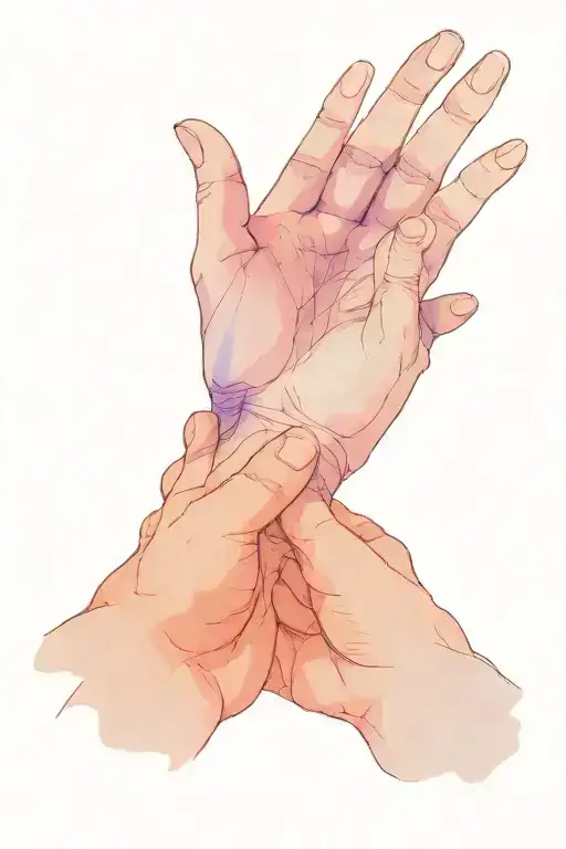 Minimalist line drawing of two hands one on top of the other. The hands are detailed, with visible fingers and wrinkles. tattoo design idea